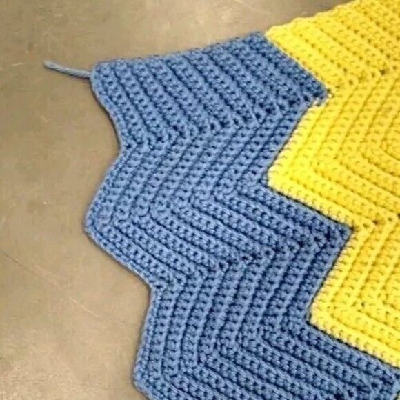 Handmade Vintage Afghan Chevron Crochet Blanket Throw Yellow, Blue 60" X 33" - Picture 4 of 6
